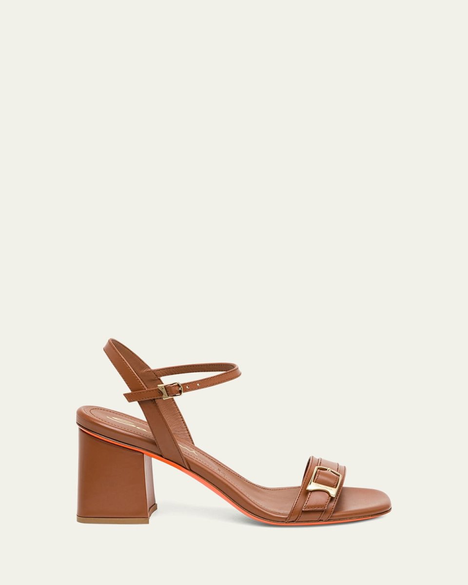 Calyso Leather Buckle Block-Heel Sandals